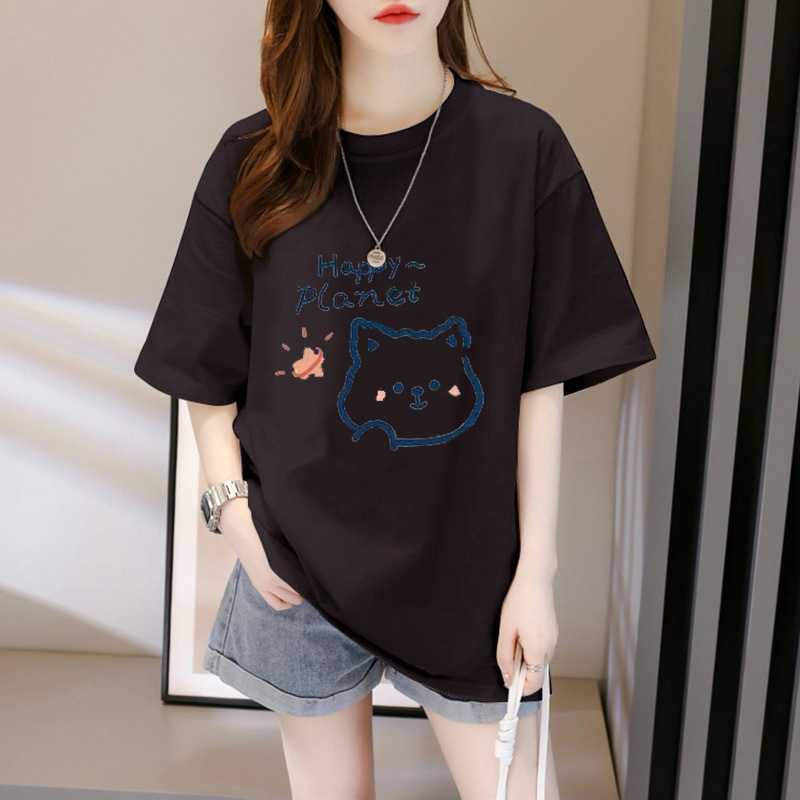 230g Pure Cotton Printed Short-Sleeved T-Shirt for Women Summer Design Niche Cute White Cartoon Top Wholesale