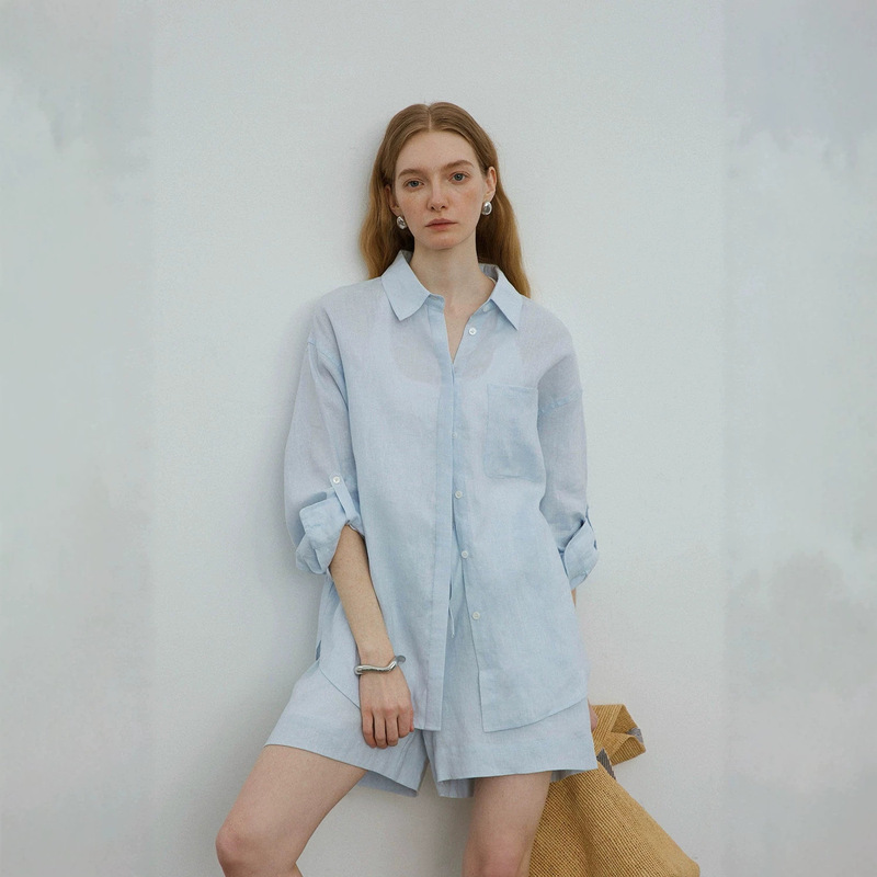 [High-Quality Goods] 100% French Normandy Linen Sun-Protective Shirt + Relaxed Loose Linen Drawstring Shorts