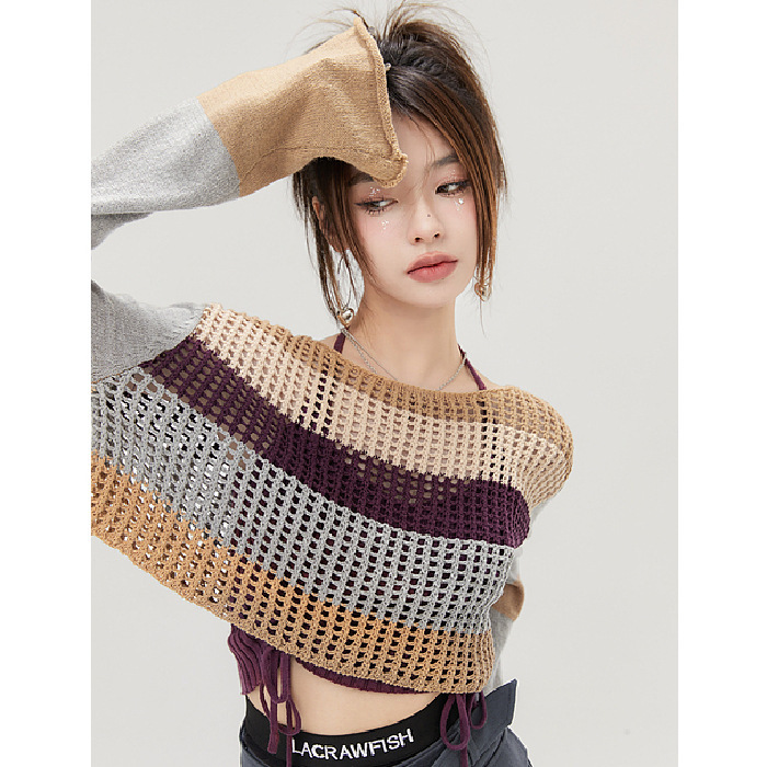 Lacrawfish 2024 Summer New Style Hot Girl Mesh Cut Out Stripesd Knitwear Halter Neck Two-Piece Set