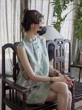 旗袍2023夏季新款法式水墨画新中式国风女装绿色无袖连衣裙女真丝