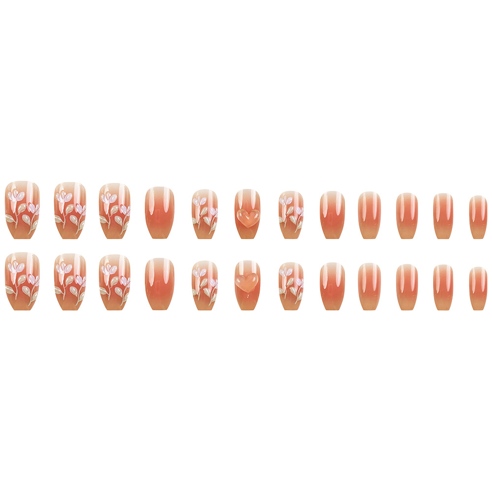 Relieve 3D estereoscópio flor de amor manicura suave naranja transparente gradiente de desgaste de uñas 24 piezas de parche de uñas