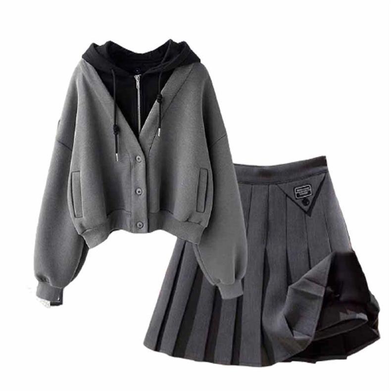 Damenbekleidung Anzüge in Übergröße für dicke Frauen Modischer zweiteiliger Anzug mit Kapuzensweatshirt und Faltenrock_voghion.com