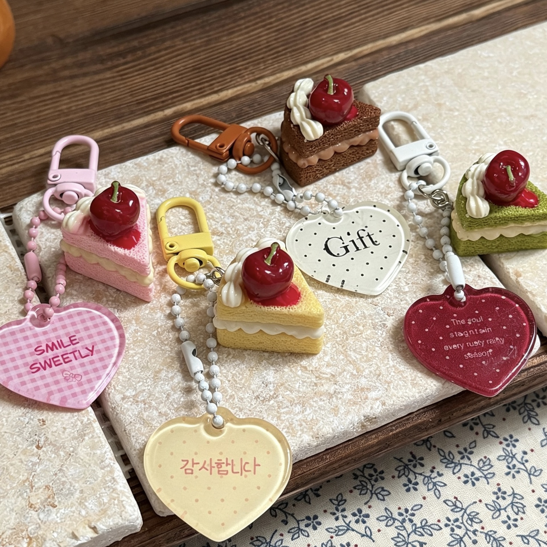 Cute and sweet cake heart keychain pendant, triangular slice miniature toy, girly colorful hanging decoration