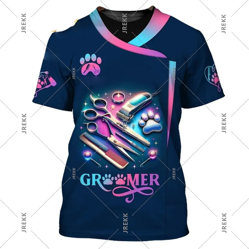 Pet Hair Stylist Beautician Fun T-Shirt Men Fake Pocket Print Hip Hop Short Sleeve Personality Tattoo Pattern T-Shirt
