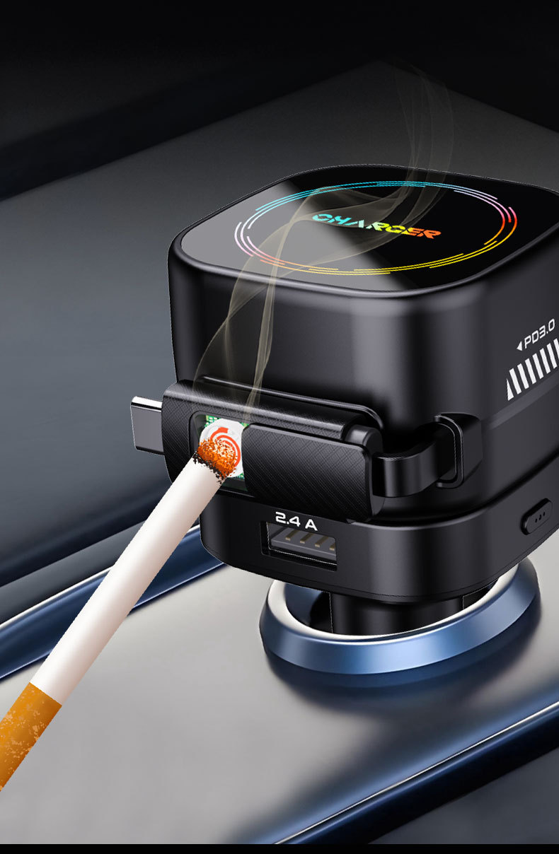 E1 Car Mobile Phone Charger with Built-In Retractable Cable, Cigarette Lighter, Window Breaker Hammer, Five-In-One Car Charger, Multi-Functional