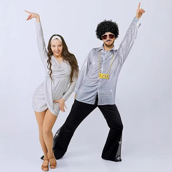 2025 New Men's 70S Disco Outfit Shiny Shirt and Flared Pants Two-Piece Set