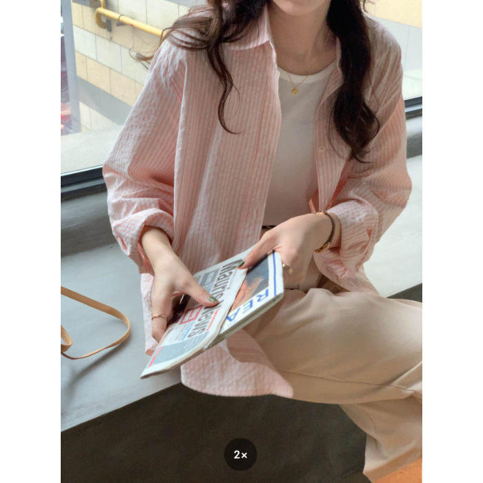 【纯棉色织条】衬衫女秋季新款上衣宽松港味长袖厚款衬衣|undefined