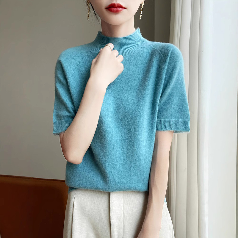 Cross-Border 25 Spring & Fall New First-Line Ready-To-Wear Half Turtleneck Loose Skin-Friendly Velvet Knitwear Bottoming Shirt Short-Sleeved Knitwear for Women Cross-Border 25 Spring & Fall New First-Line Ready-To-Wear Half Turtleneck Loose Skin-Friendly Velvet Knitwear Bottoming Shirt Short-Sleeved Knitwear for Women