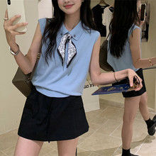 夏季高级感系带丝巾翻领上衣老钱风蓝色冰丝无袖polo衫针织背心女