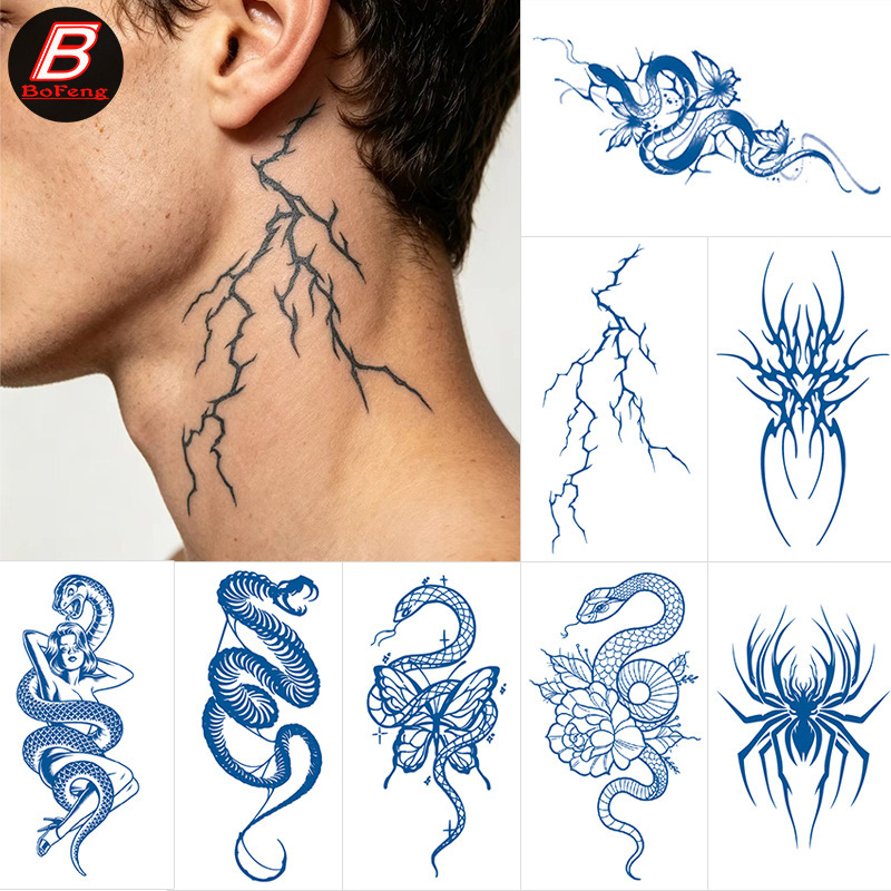Long-lasting herbal juice tattoo stickers, semi-permanent, non-reflective, featuring lightning and spider designs, waterproof, realistic, and sold individually Long-lasting herbal juice tattoo stickers, semi-permanent, non-reflective, featuring lightning and spider designs, waterproof, realistic, and sold individually