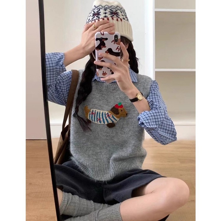 绵羊绒毛衣女复古费尔岛提花毛线女秋冬百搭小狗刺绣保暖针织马甲|undefined