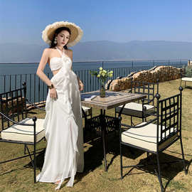 法式气质荷叶边雪纺抹胸挂脖连衣裙仙女夏季超仙海边度假沙滩长裙