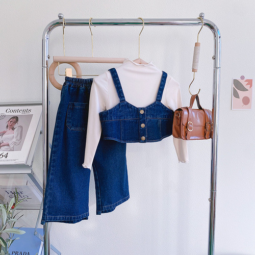 Korean-style girls' set  spring and autumn baby girl tank top and jeans two-piece set straight-leg pants trendy