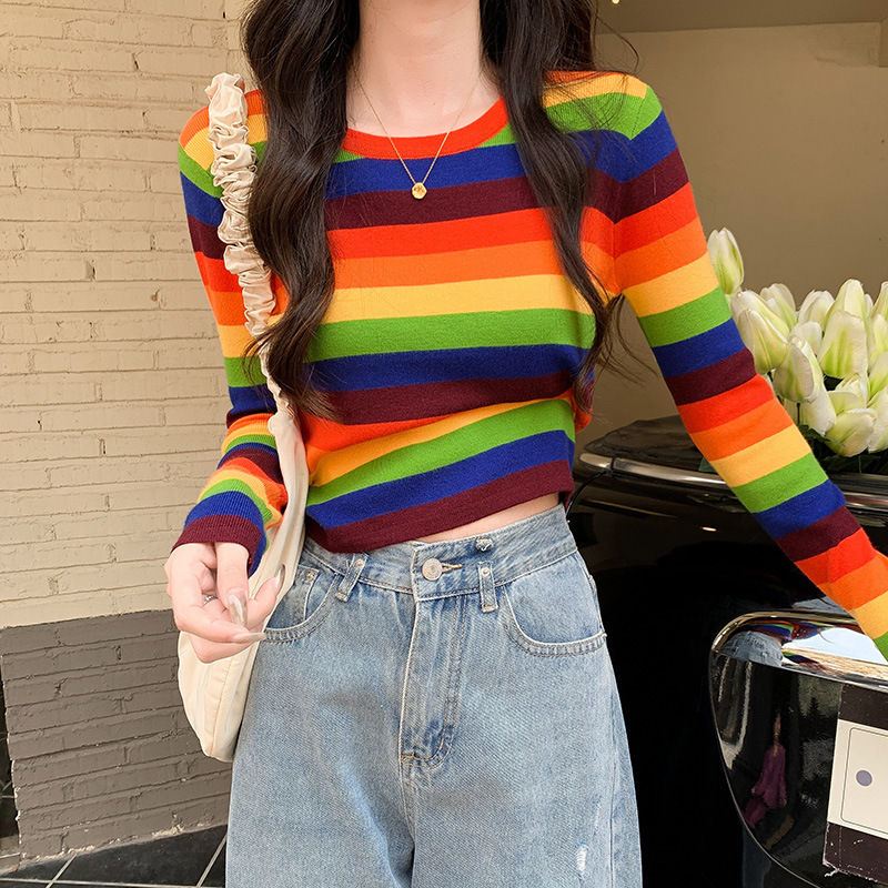 Rainbow Striped Knit Sweater Long-Sleeve Thin Style 2025 Early Autumn New Korean Version Slim Fit Cropped Top T-Shirt for Women