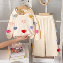 外贸跨境秋冬女宝宝欧美新款爱心图案杏色长袖卫衣+长裤套装女童
