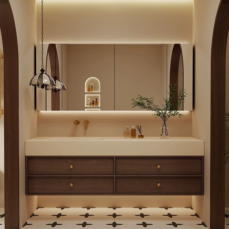 Vintage-Style Rock Slab Hot-Bent Bathroom Cabinet with Integrated Ceramic Basin Washbasin for Bathroom Vintage-Style Rock Slab Hot-Bent Bathroom Cabinet with Integrated Ceramic Basin Washbasin for Bathroom