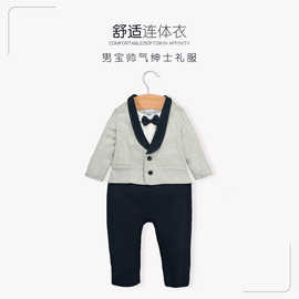 momscare秋新款正品男宝帅气绅士礼服连体爬服 西装哈衣满月服