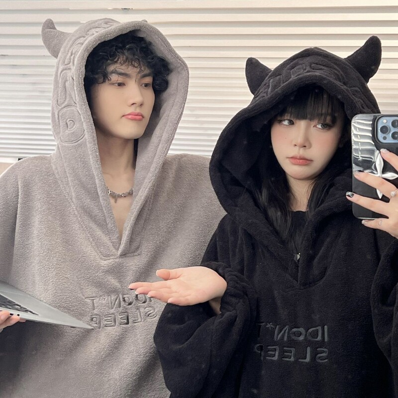 Imp Devil Hooded Nightgown Winter Coral Fleece plus size Home Clothes Men's and Women's Couple Embroidered Pajamas Oversized Sweatshirt Trendy Imp Devil Hooded Nightgown Winter Coral Fleece plus size Home Clothes Men's and Women's Couple Embroidered Pajamas Oversized Sweatshirt Trendy
