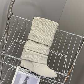 2025驴家秋冬新款女靴子欧美时尚针织面套筒高筒靴不过膝靴子女