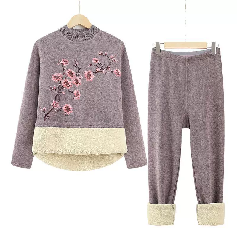 Осенняя одежда для среднего и пожилого возраста, Женский комплект из двух предметов на флисовой подкладке, теплый облегающий осенне-зимний костюм, топ, брюки, одежда для мам