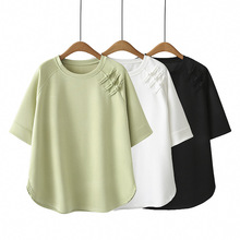 大码女装夏季新款时尚百搭盘扣短袖上衣纯色圆领中式T恤200斤C878