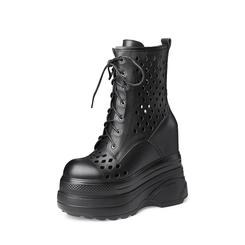 Boot nữ cổ cao dây buộc đế platform 14 cm — màu đen