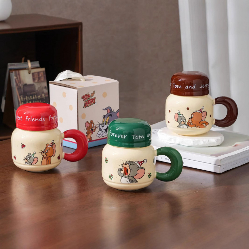 Gato y ratón taza de cerámica con tapa, regalo de cumpleaños para pareja, taza de agua doméstica, dormitorio