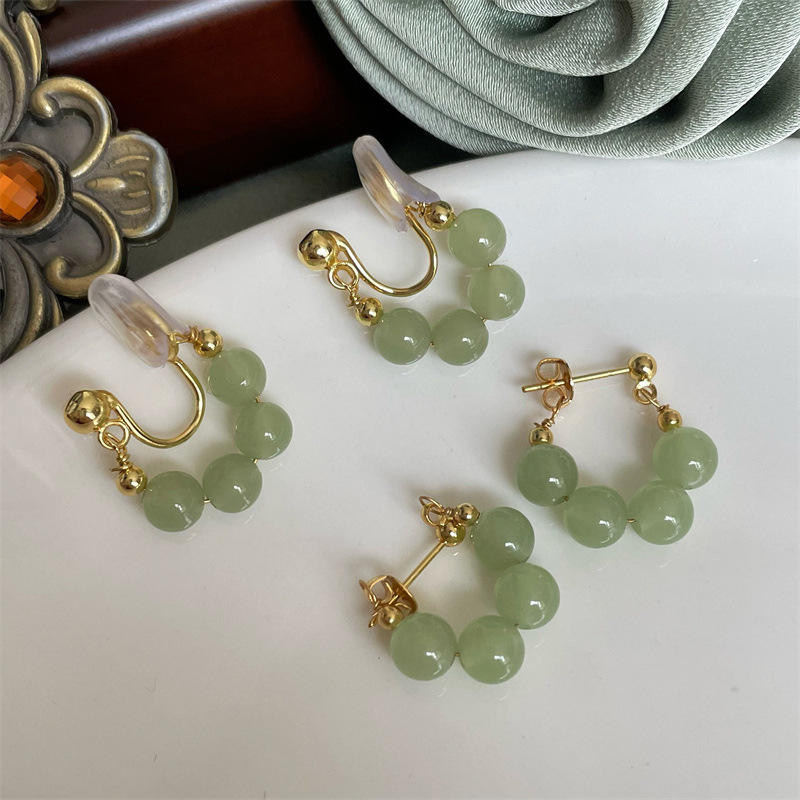 Pendientes tipo clip de jade Hetian, estilo chino vintage, sin perforación, diseño elegante artesanal