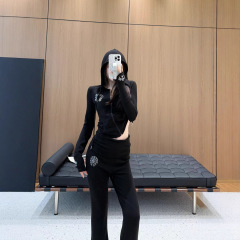 ch25ss秋冬新款极简主义法式优雅慵懒风拉链连帽外套+休闲裤套装