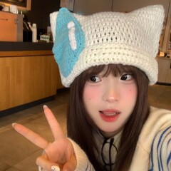 甜美可爱搞怪大无语流汗针织帽女秋冬保暖护耳百搭显脸小套头帽子