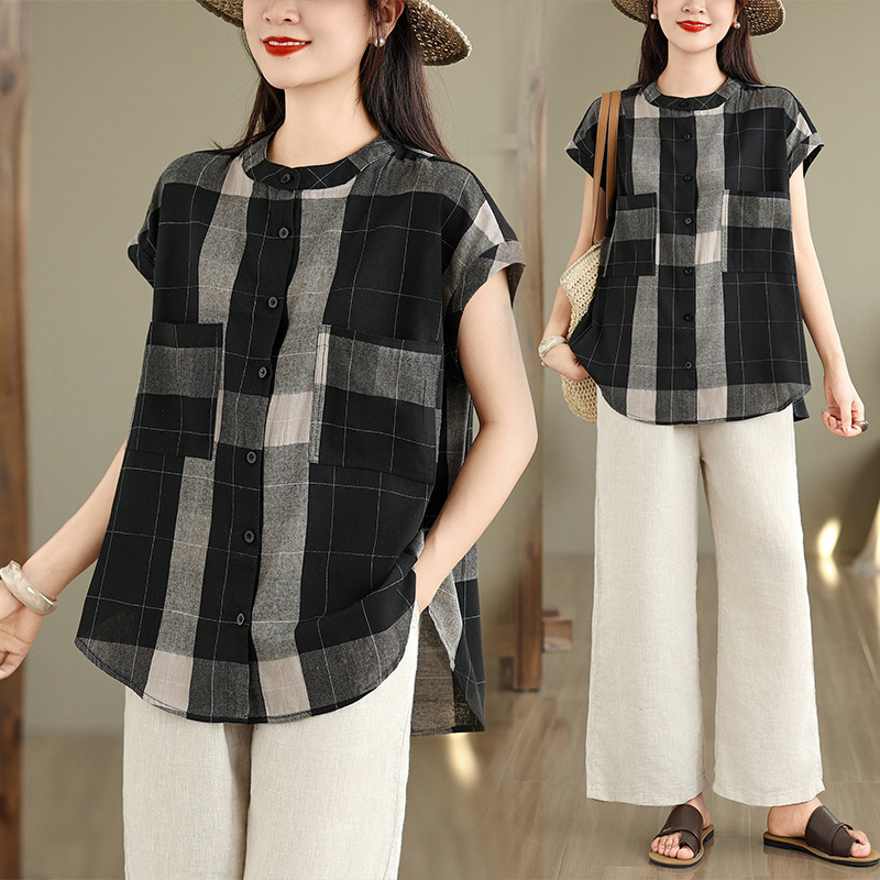 2025 Summer New Cotton and Linen Contrasting Plaid Buttoned Loose Large Size Retro Simple Short-Sleeved Shirt Tops for Women