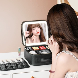 Table storage box with light, mirror, handheld cosmetic bag, purse, organizer bag