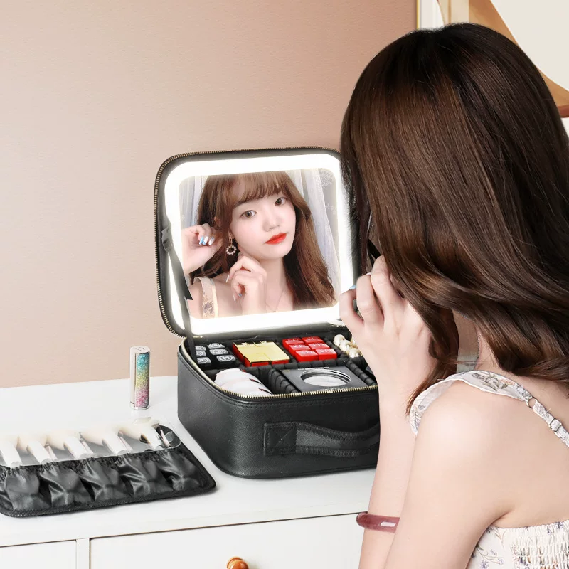 Table storage box with light, mirror, handheld cosmetic bag, purse, organizer bag
