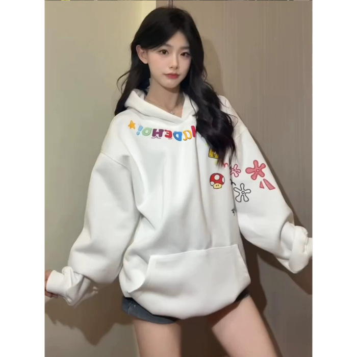 2025秋季新款涂鸦印花白色连帽卫衣女宽松慵懒风chic韩系情侣外套|undefined