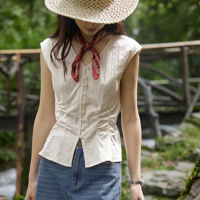Solighter French Pinch Pleated V-Neck Waisted Shirt Women's Summer Elegant Top