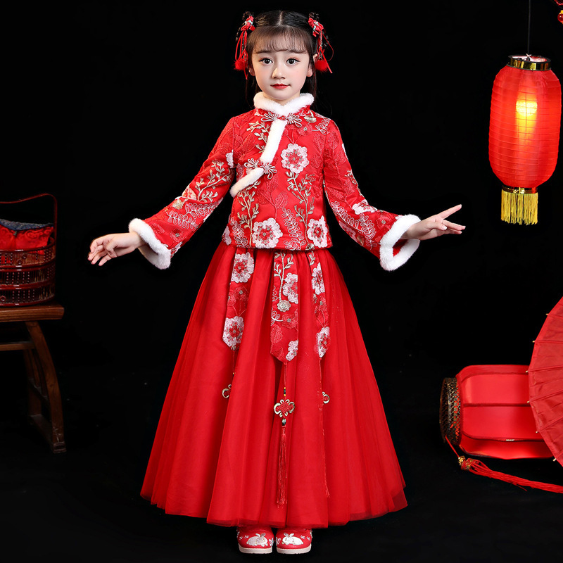 Girls Chinese qipao Hanfu  fairy dress winter style plueshed lining  birthday celebration dress Chinese New Year greeting tang suit for children