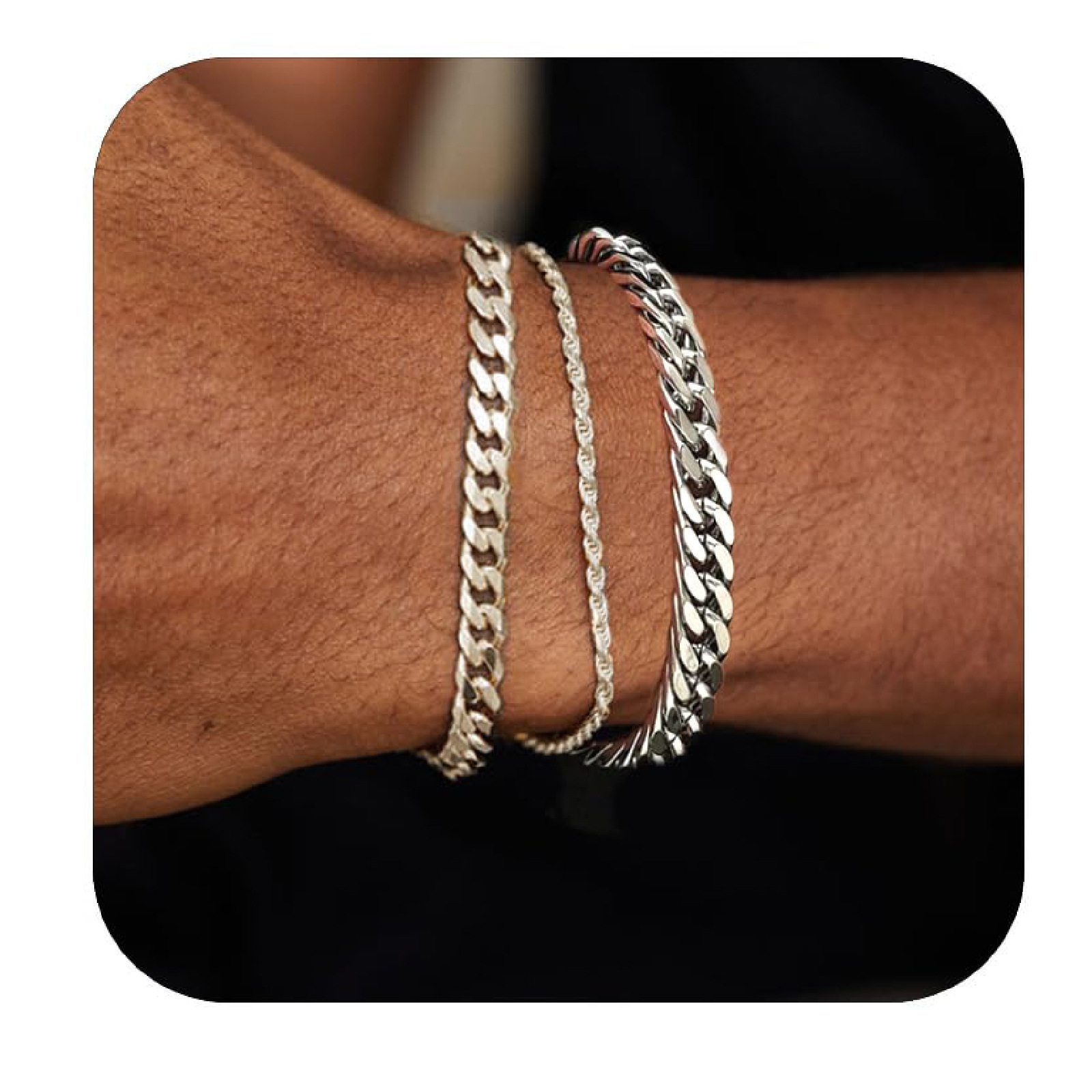 2025 Amazon Cross-border New 3-piece Men's Silver Bracelet Cuban Chain Stacked Personalized Fashion Punk Style Accessories