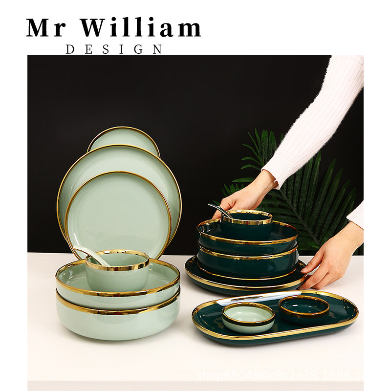 Nordic Light Luxury Gold-Rimmed Bowl and Plate Set for Home Use, Including Bowls, Spoons, Ceramic Plates, Dinner Plates, and Gold-Plated Tableware Set