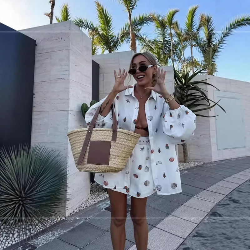 European and American Cross-Border 2026 New Amazon Aliexpress Independent Site Linen Printed Cardigan Casual Vacation Shorts Set