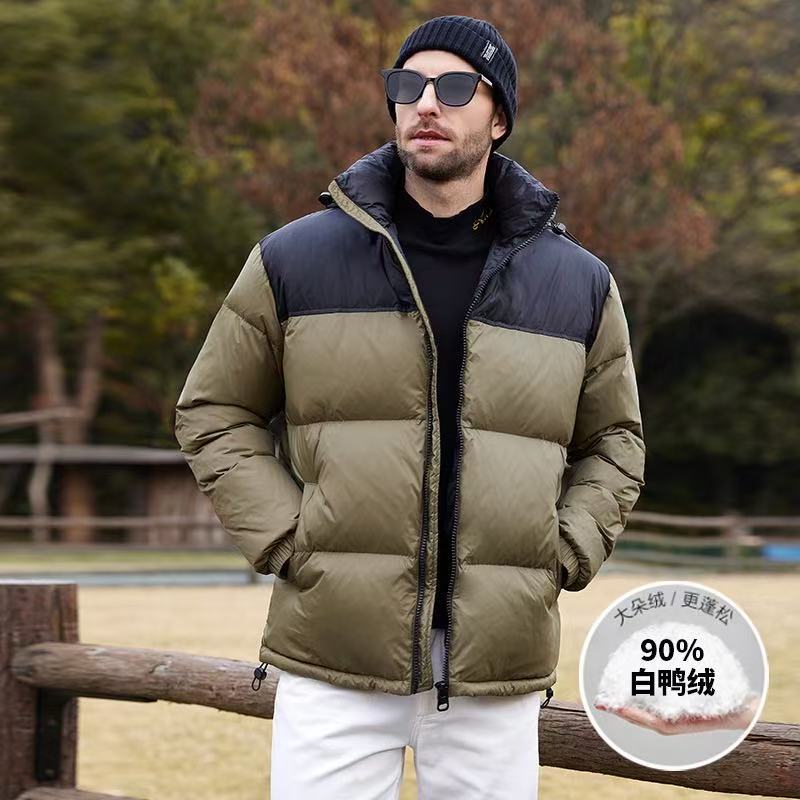 欧美秋冬新款白鸭绒拼色羽绒服连帽加厚保暖男女同款百搭拉链外套