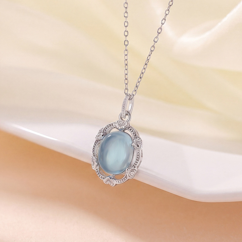 Mặt dây chuyền bạc S925 hình trứng đá Aquamarine phong cách thanh lịch, dây chuyền cổ trang sức bạc — Mặt dây chuyền đơn (không kèm dây)