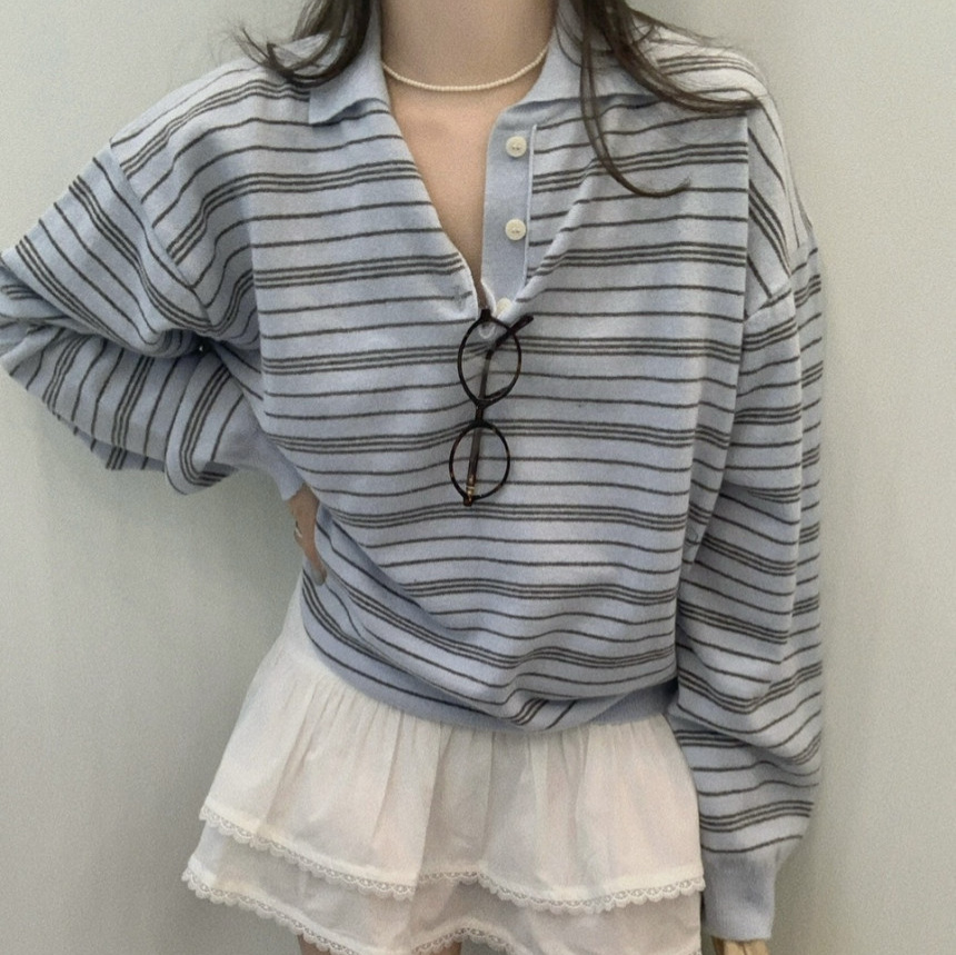 Blue Striped Sweater Women's Loose Long Sleeve Polo Collar Top