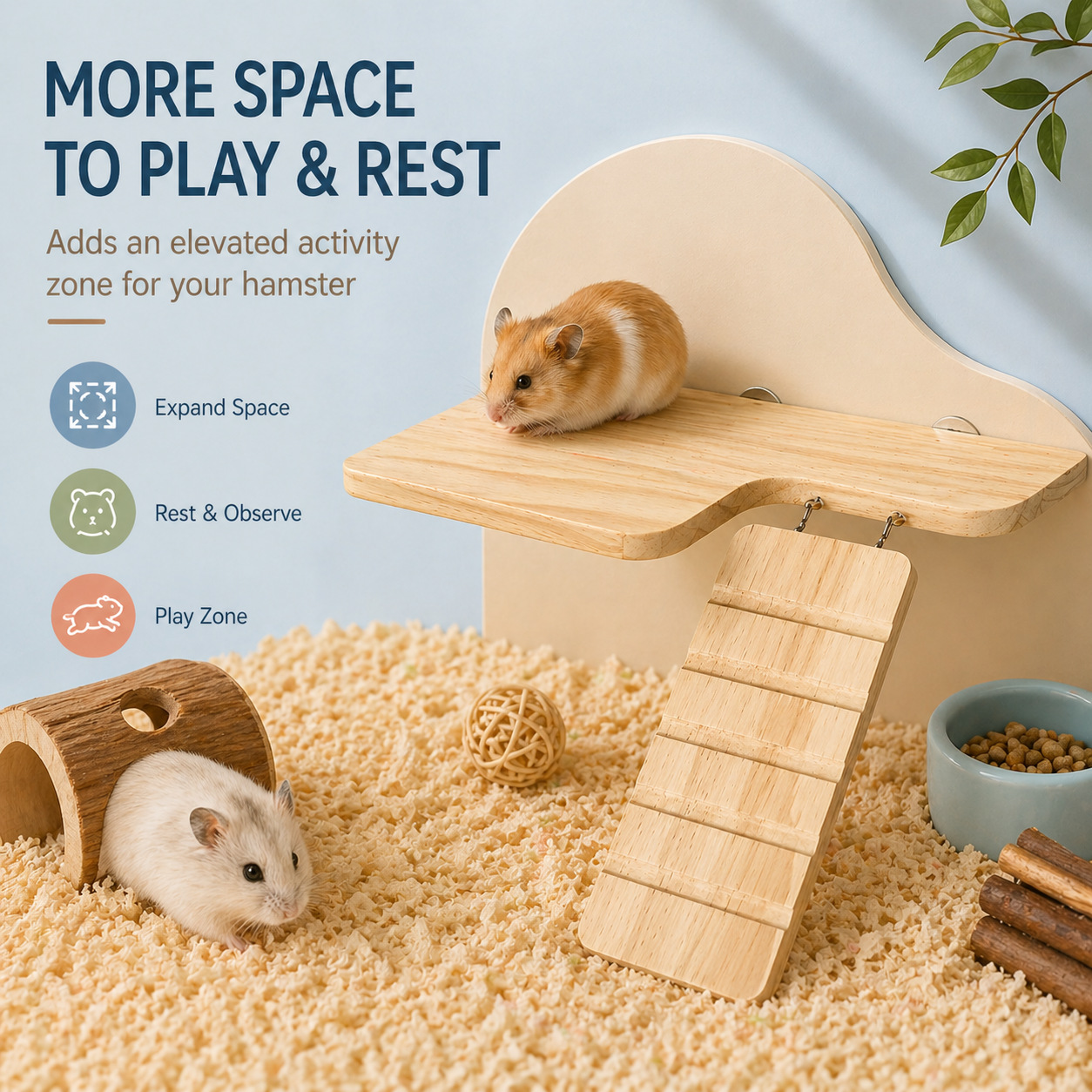 L-shaped solid wood two-tier platform hamster furniture, boredom-relief self-entertainment toy, landscaping platform, complete set of birdcage accessories