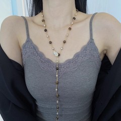 Medra レトロタイガーアイストーンビーズロングネックレスレディースライトラグジュアリーハイエンドコーヒー色パール鎖骨チェーン気質ネックレス