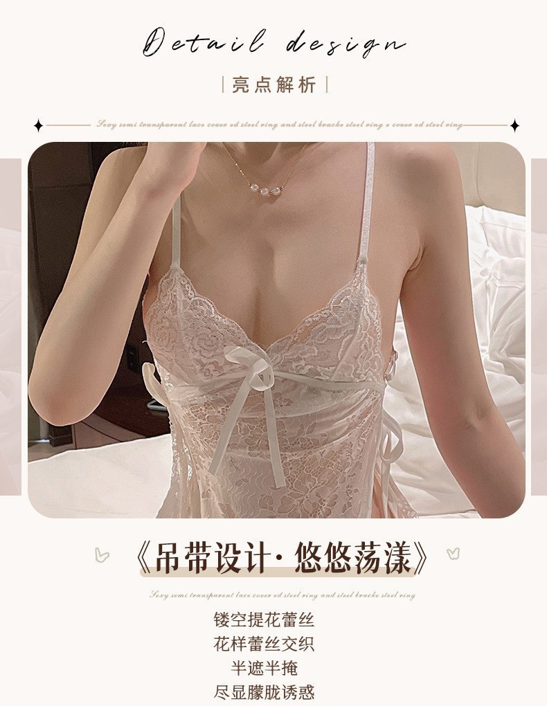 Women’s Sheer Lace Nightdress with Fishnet Stockings, Backless Babydoll in Wine Red, One Size — detail image 5