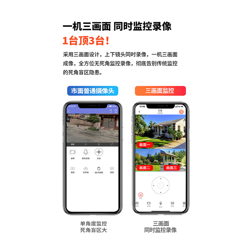 Cámara solar de baja potencia de tres pantallas al aire libre sin electricidad, sin red, teléfono móvil doméstico, visión nocturna remota, monitoreo HD