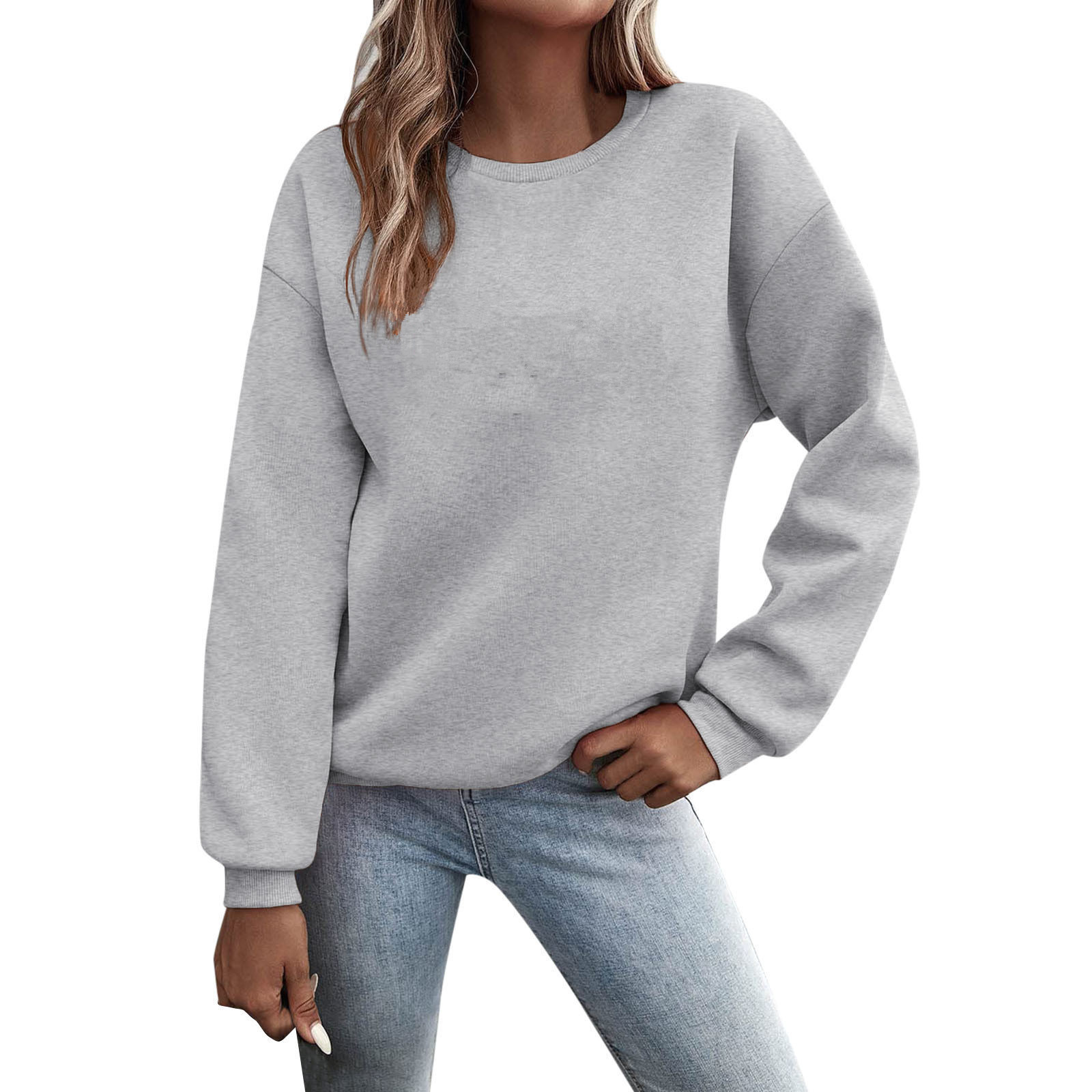 European and American cross-border foreign trade women's round neck solid color sweater women's autumn and winter fleece-lined loose long sleeve casual sports top