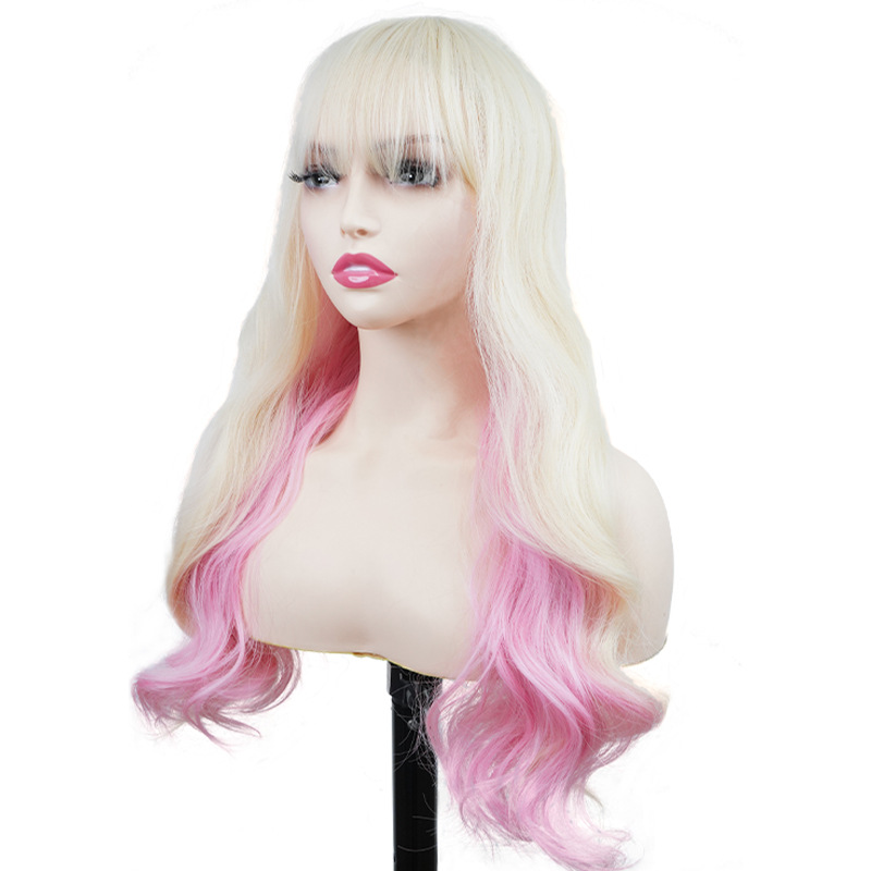 Synthetische Perücke, Chemiefaser-Perücke, komplettes Set mit geteiltem Pony und großen, gewellten, langen, lockigen Party-Perücken_voghion.com