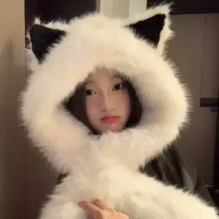加厚毛绒绒狐狸耳朵帽子围巾一体秋冬季防寒保暖雷锋帽护颈显脸小