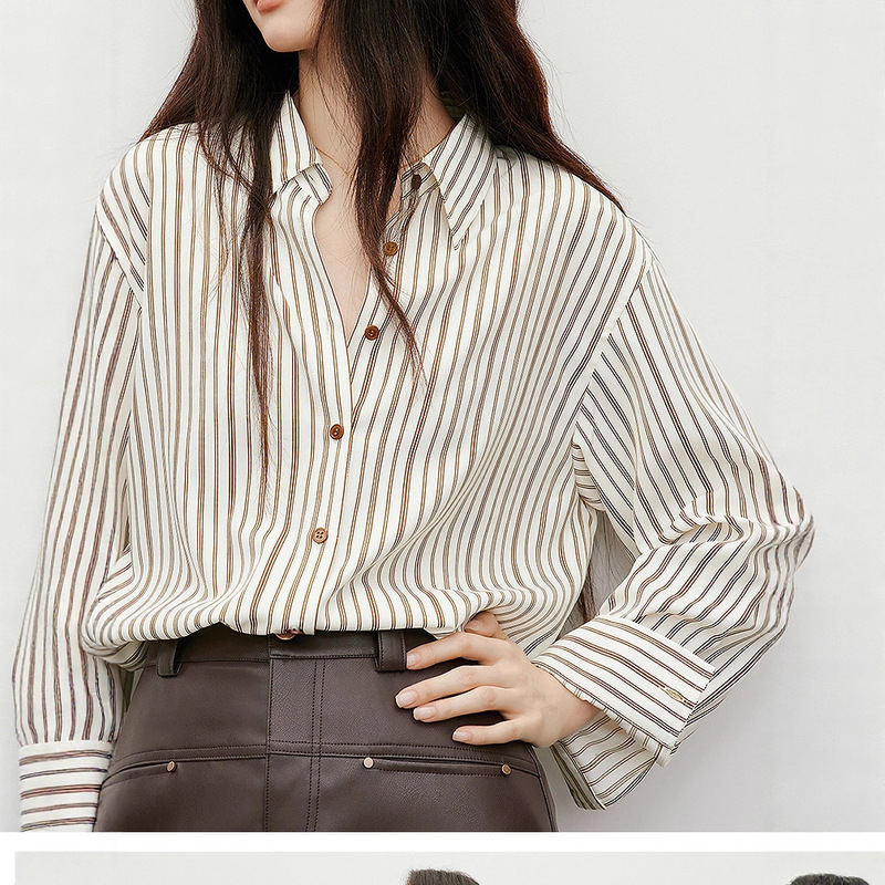 Coffee-Colored Striped Shirt 2026 Autumn New Women's Fashion Color-Blocking Long-Sleeve Slim-Fit Collared Top Coffee-Colored Striped Shirt 2026 Autumn New Women's Fashion Color-Blocking Long-Sleeve Slim-Fit Collared Top